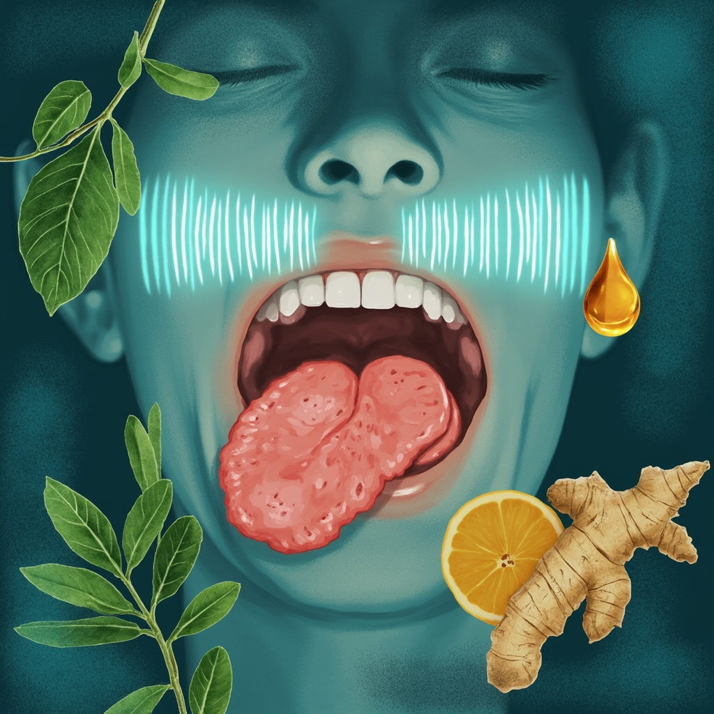 Soft illustration of inflamed red tonsils in a human throat, surrounded by healing green herbs like sage leaves, ginger root, and honey drops, with subtle glowing frequency waves calming the inflammation, in calming blue-green tones.