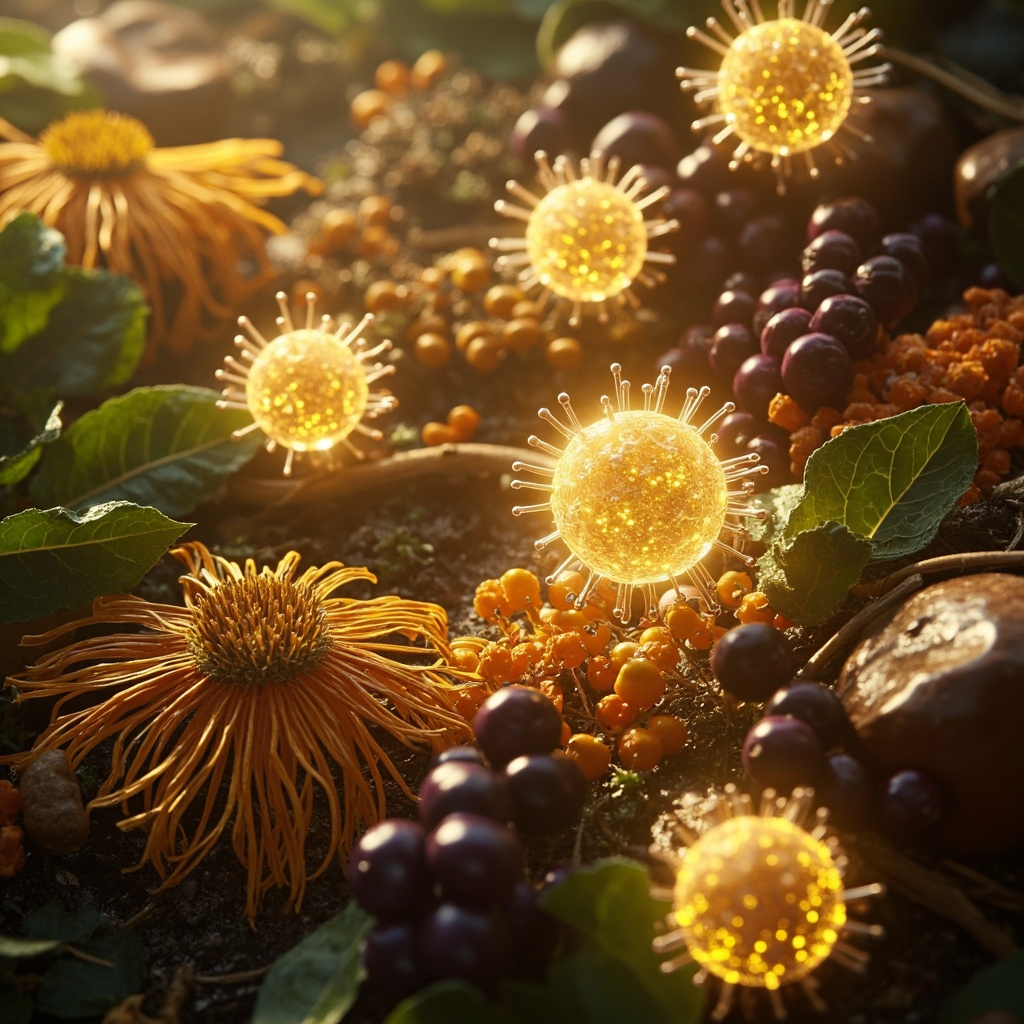 Vibrant illustration of T-lymphocytes as glowing warrior cells defending the body against pathogens, surrounded by fresh echinacea flowers, astragalus roots, elderberry berries, and reishi mushrooms, in soft earthy tones symbolizing natural healing and immune balance.