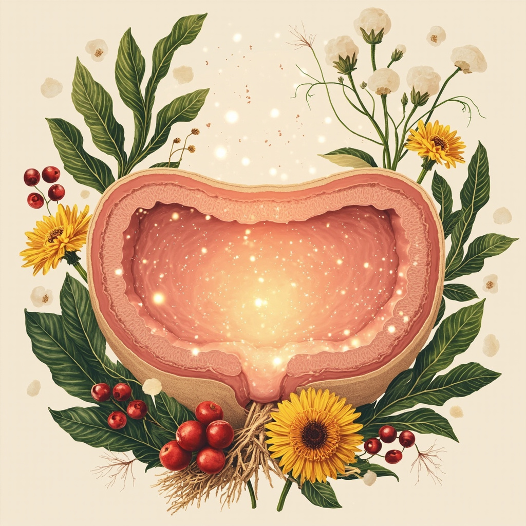 A serene illustration of the human bladder cross-section showing a glowing protective mucosal lining in soft pink, surrounded by fresh herbs like uva ursi leaves, cranberry berries, dandelion flowers, and marshmallow roots in earthy tones, with subtle energy waves connecting them, evoking healing and balance.