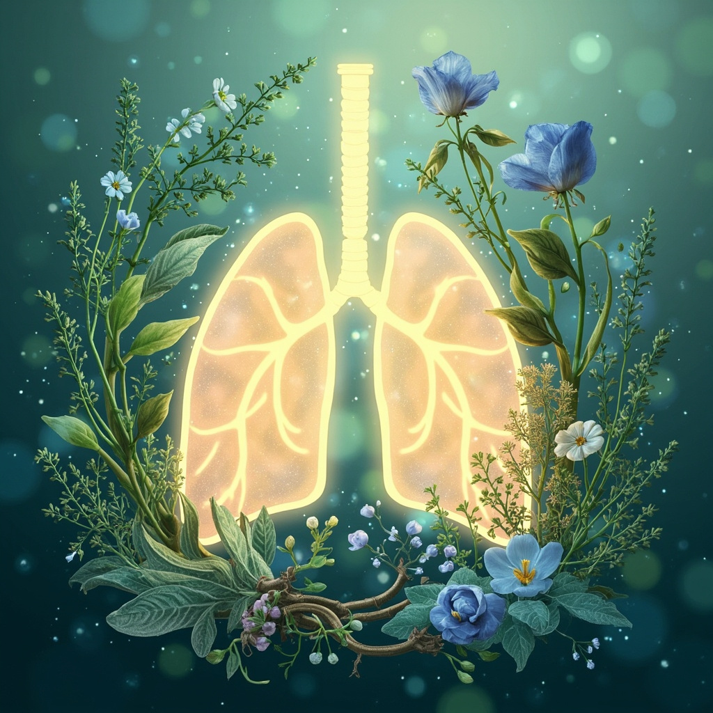 Serene illustration of glowing lungs enveloped by healing herbs like licorice root, thyme leaves, marshmallow flowers, and balloon flower in soft green and blue healing tones, evoking calm respiratory relief.