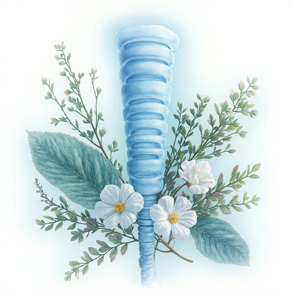 Serene illustration of the human trachea windpipe in soft blue tones, surrounded by mullein leaves, licorice root, thyme sprigs, and marshmallow flowers, evoking calm breath and herbal healing.
