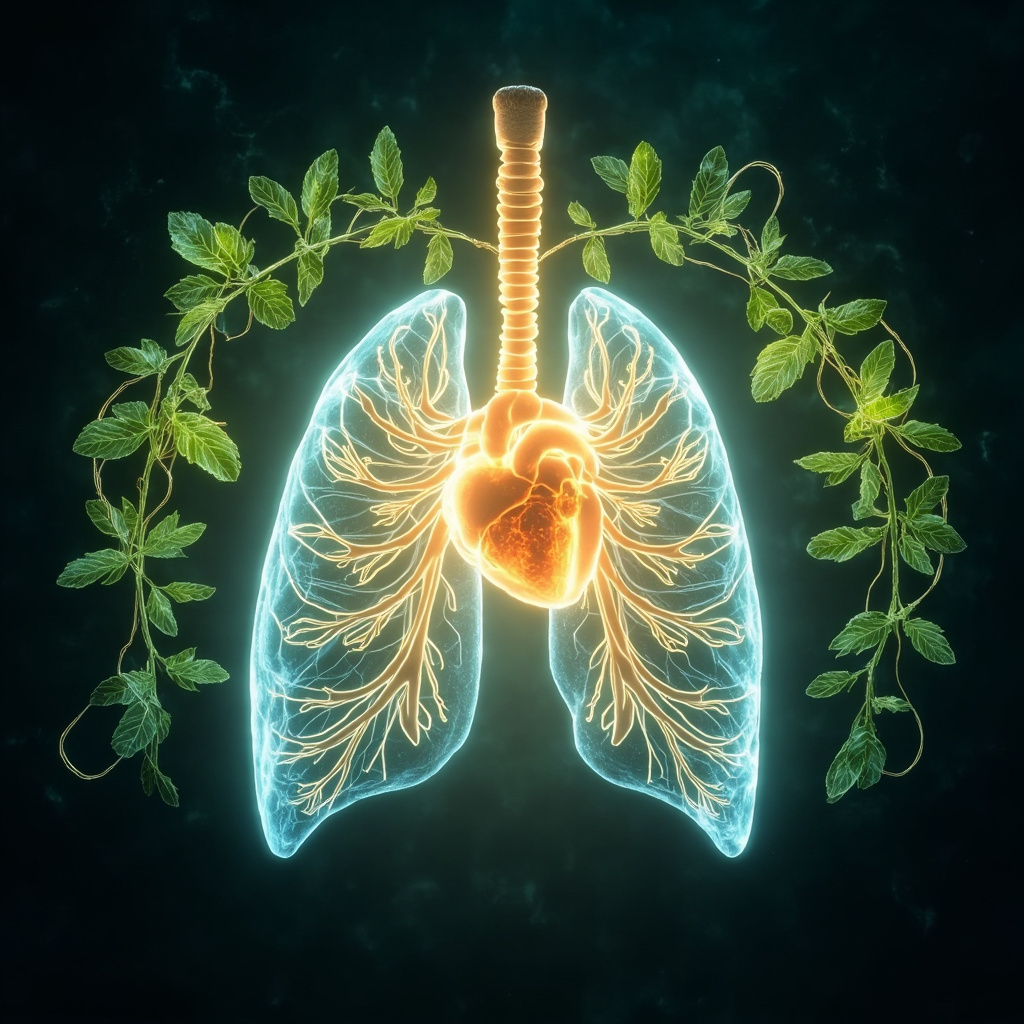 Soft glowing illustration of the human mediastinum in the chest cavity between lungs, showing heart, trachea, vessels with balanced energy waves and herbal leaves around.