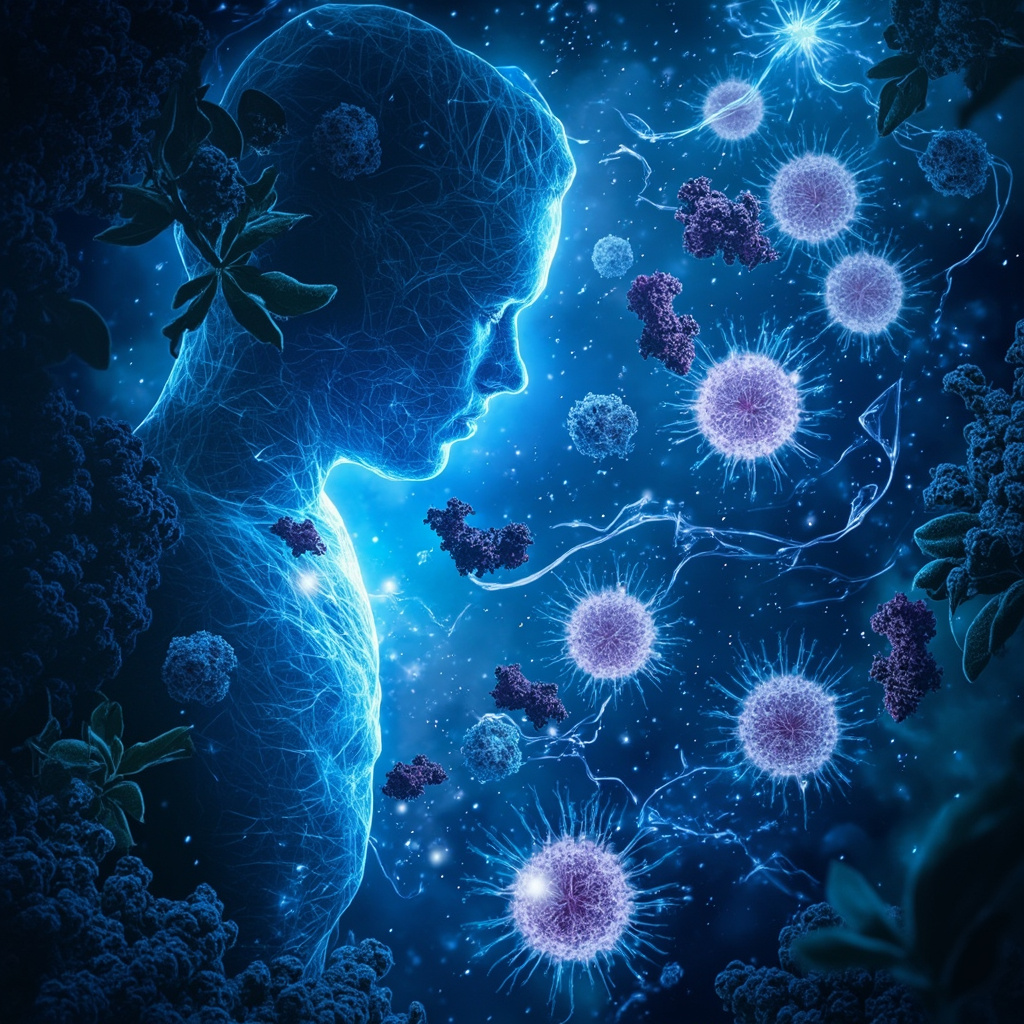 Vibrant illustration of human immune cells glowing white and blue, defending against pathogens, intertwined with sound wave frequencies, herbal leaves like echinacea and elderberry, and subtle microcurrent flows, serene body silhouette background.