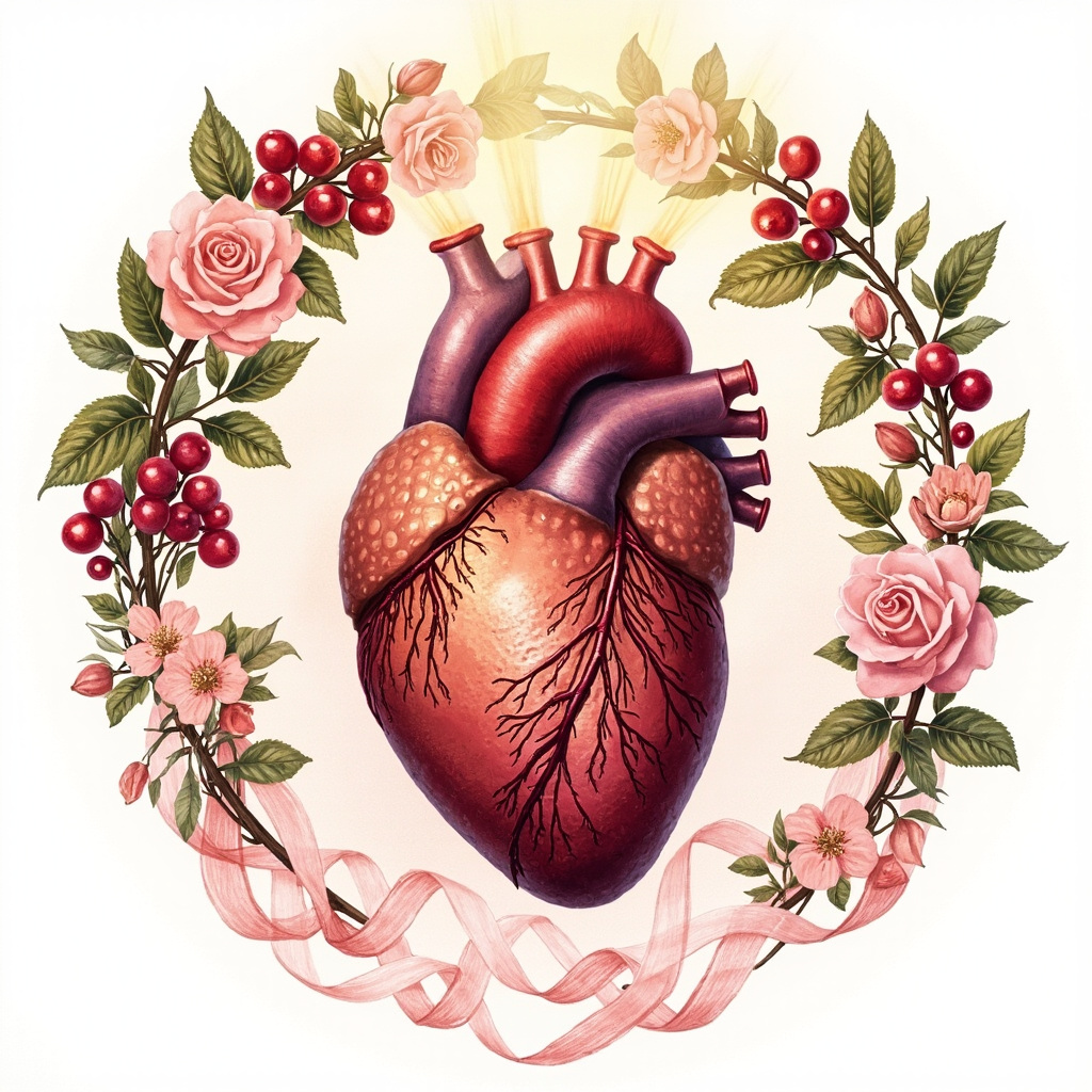 Serene illustration of human heart with glowing left coronary artery, encircled by hawthorn berries, rose flowers, motherwort leaves, and soft flowing blood waves, in warm pinks, reds, and greens.