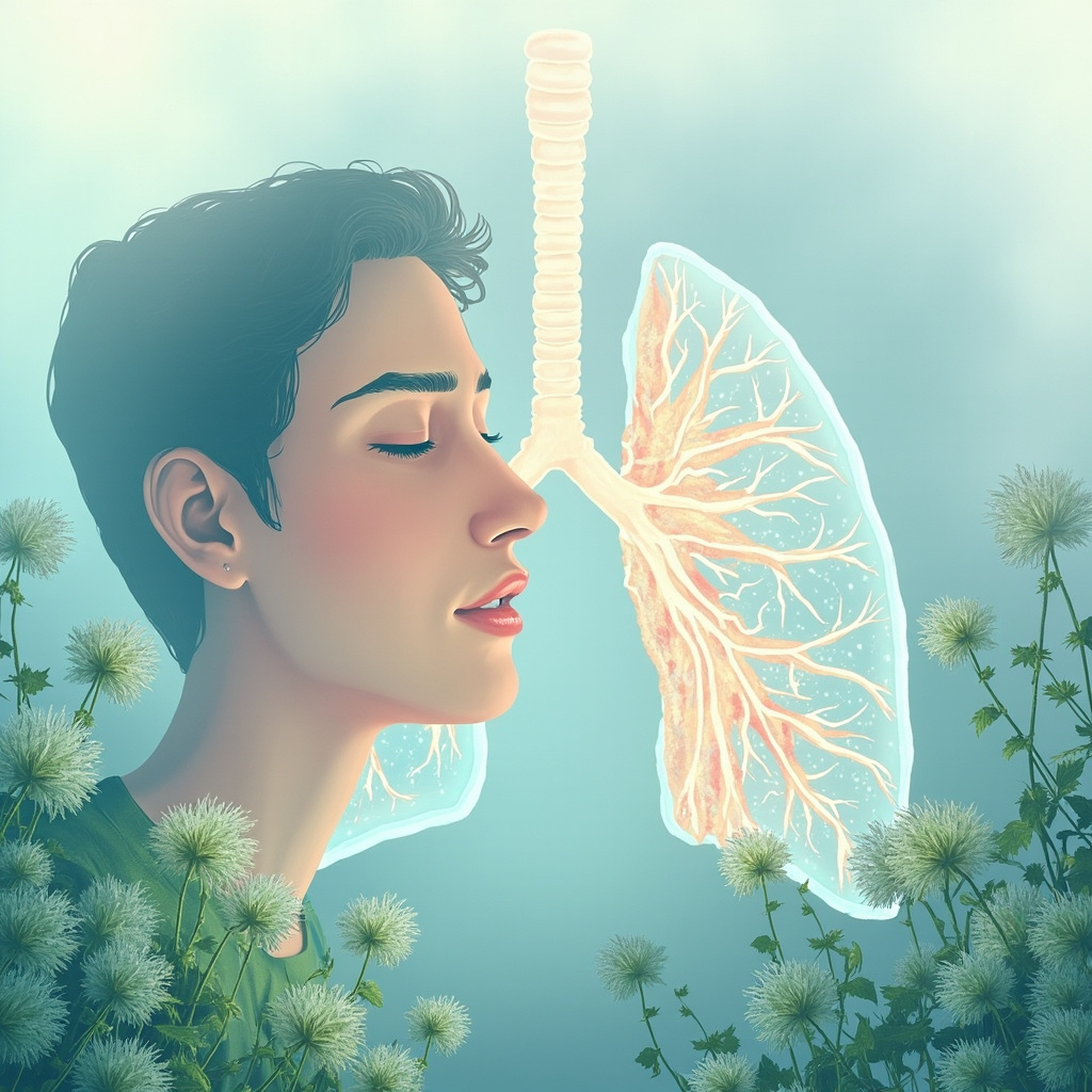 Soft illustration of healthy vs parasitized lungs, anxious person breathing deeply into calm, green herbs like mullein in foreground, serene blue tones.