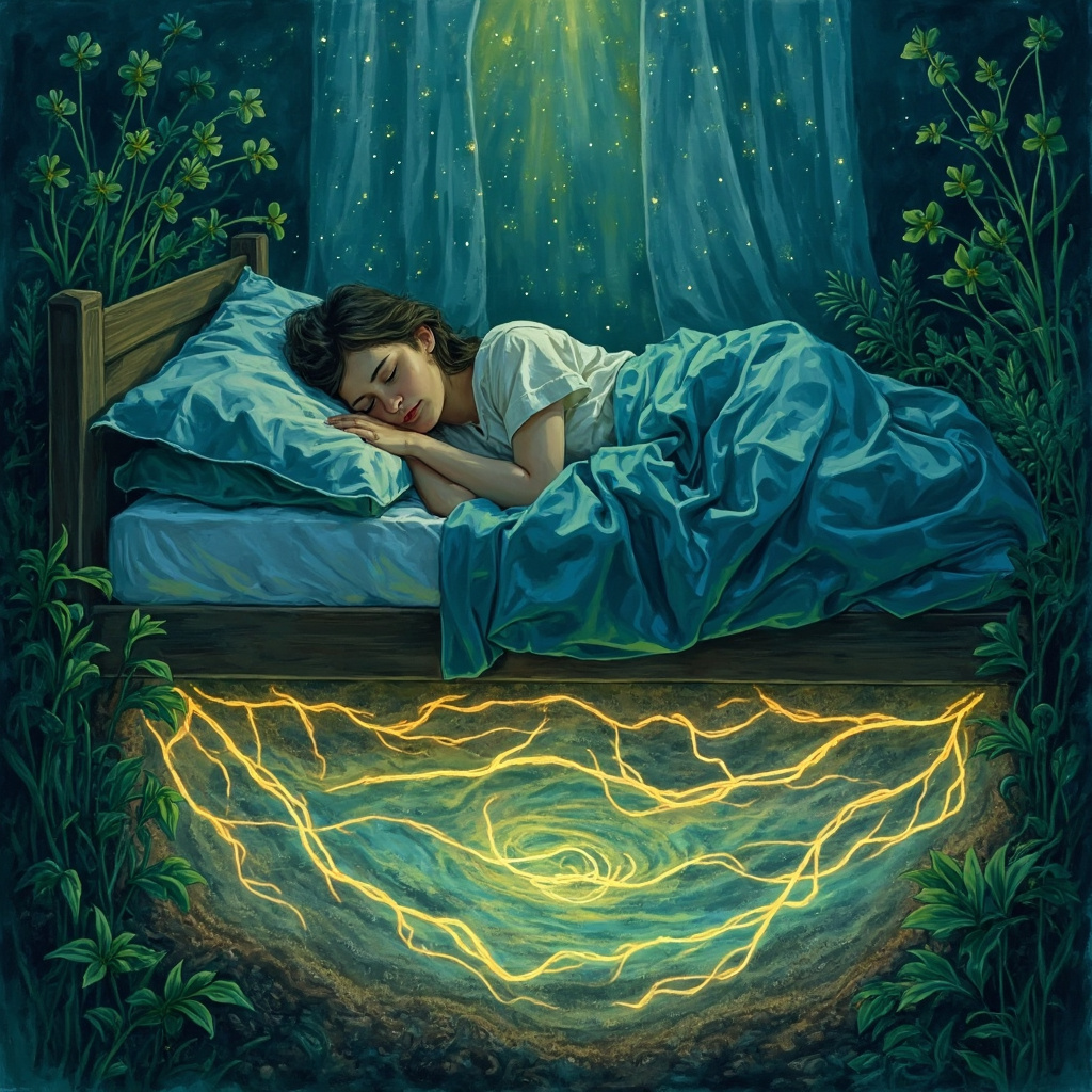 Soft illustration of glowing earth energy lines beneath a cozy bedroom, a tired person resting peacefully with herbal plants nearby, calming blue and green tones.