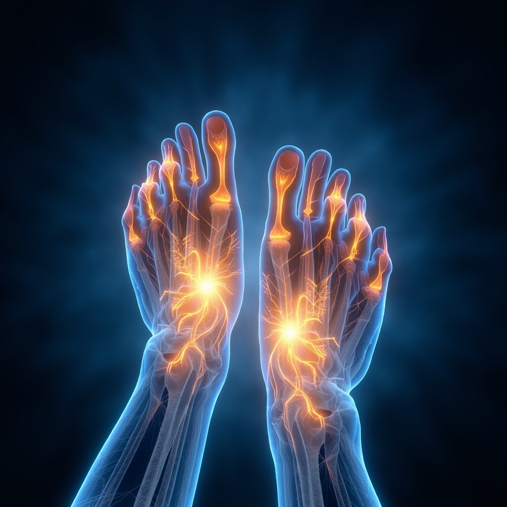 Illustration of human hands and feet with subtle glowing peripheral nerves, showing numbness as faded areas and tingling as sparks, soft blue and gold tones, medical yet hopeful style.