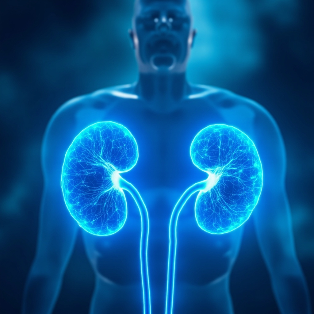 Serene digital illustration of adrenal glands on kidneys glowing with blue healing frequencies, calm meditative figure in soft light background, high resolution, professional medical art style