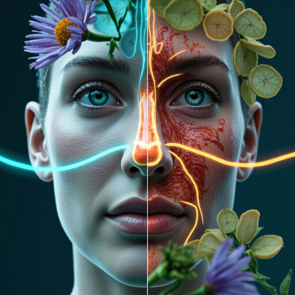 Illustration of inflamed vs clear sinuses with glowing frequency waves and herbs like echinacea, ginger, in soft healing blues and greens, professional medical style.