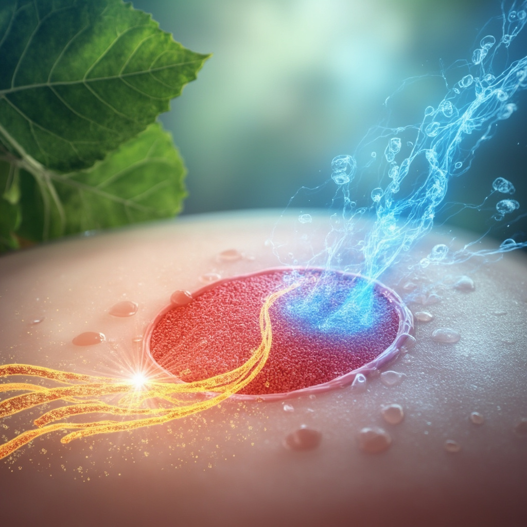 Prompt: Serene illustration of glowing skin healing from a red boil, with subtle golden bacteria waves harmonizing into blue calm energy, soft green herbal leaves in background, professional medical art style