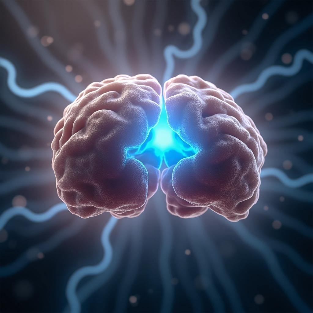Prompt: Detailed anatomical illustration of human adrenal glands with the medulla highlighted in glowing blue, surrounded by subtle frequency waves balancing stress hormones, soft meditative background with energy flow lines, professional medical art style.