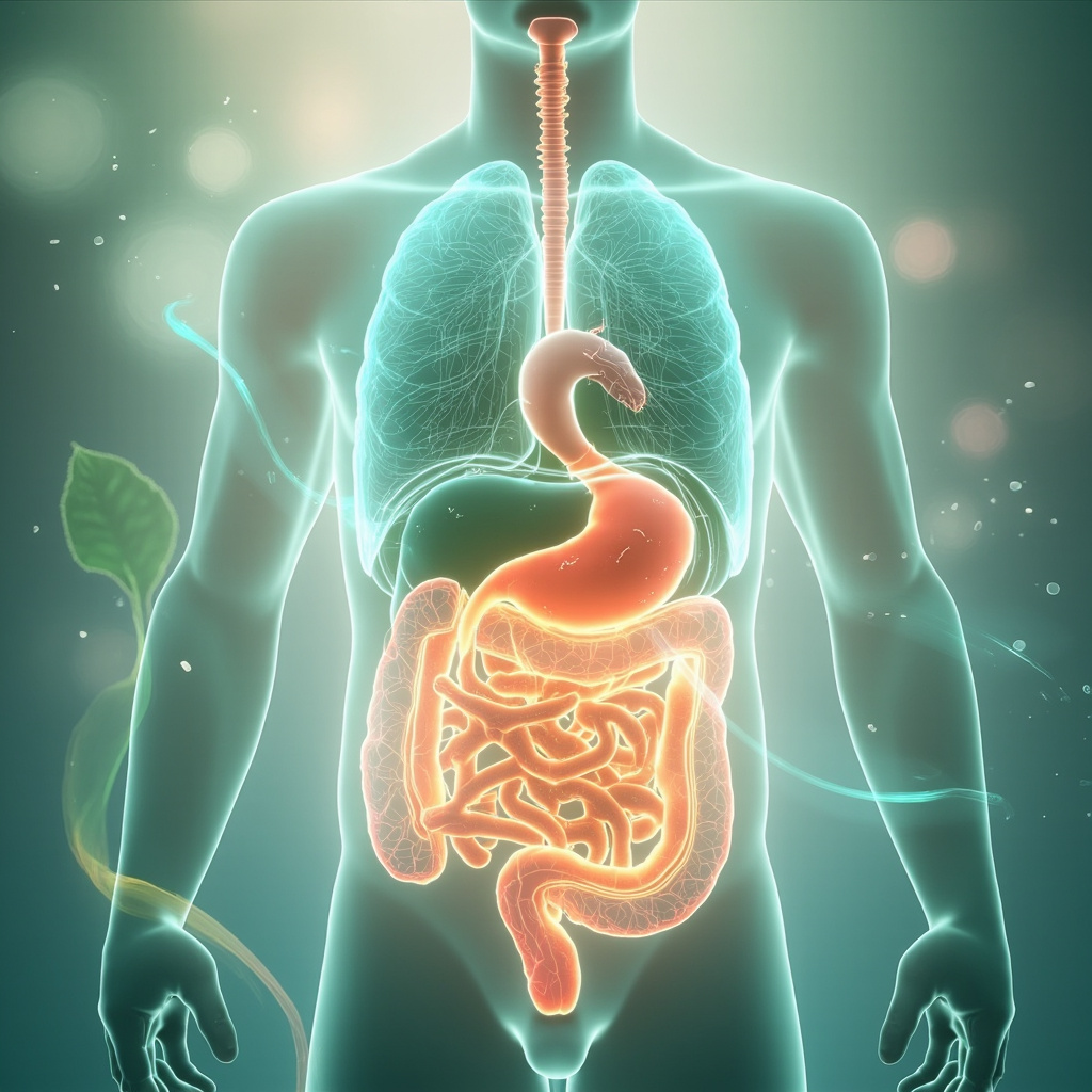 Serene illustration of human body with glowing thin protective membrane layers around gut, lungs, heart, and skin; soft blue and green energy waves healing breaches, subtle herbal leaves like marshmallow in background, professional medical art style.
