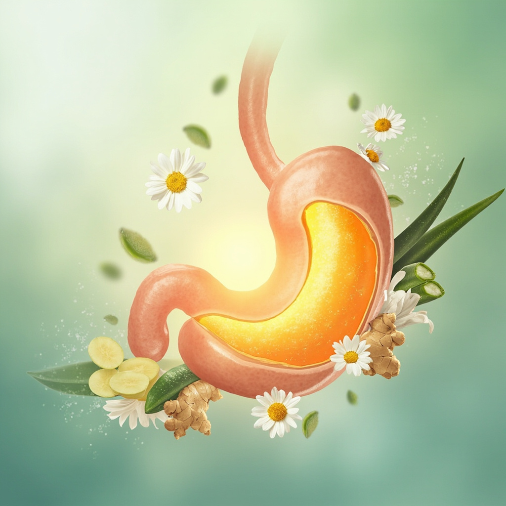 Serene illustration of a cross-sectioned human stomach showing a healthy glowing mucus layer protecting the inner wall, with chamomile flowers, ginger roots, and aloe leaves floating around in soft pastel greens and blues, evoking calm healing.