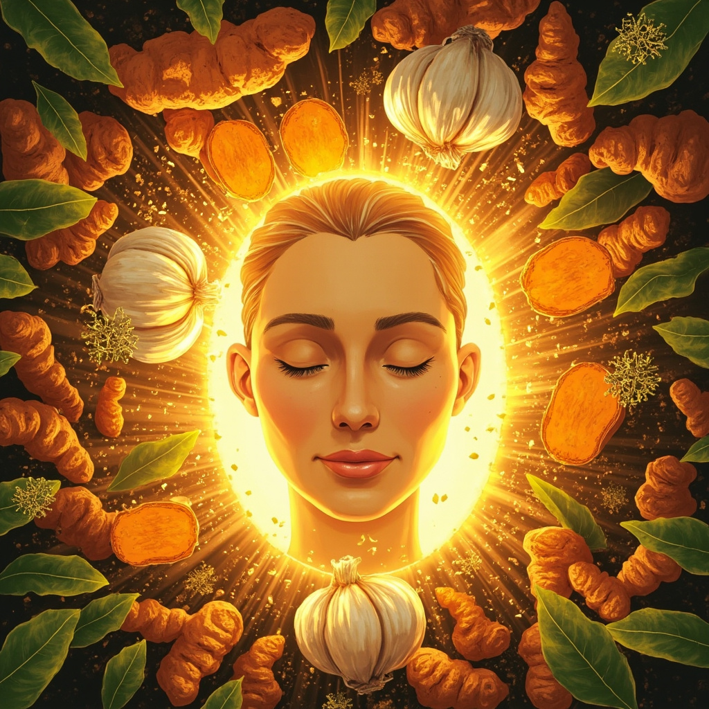 Vibrant natural illustration of garlic bulbs and turmeric roots forming a glowing shield around a healthy human body, repelling dark bacterial spores, with soft green leaves and earthy tones evoking protection and healing.