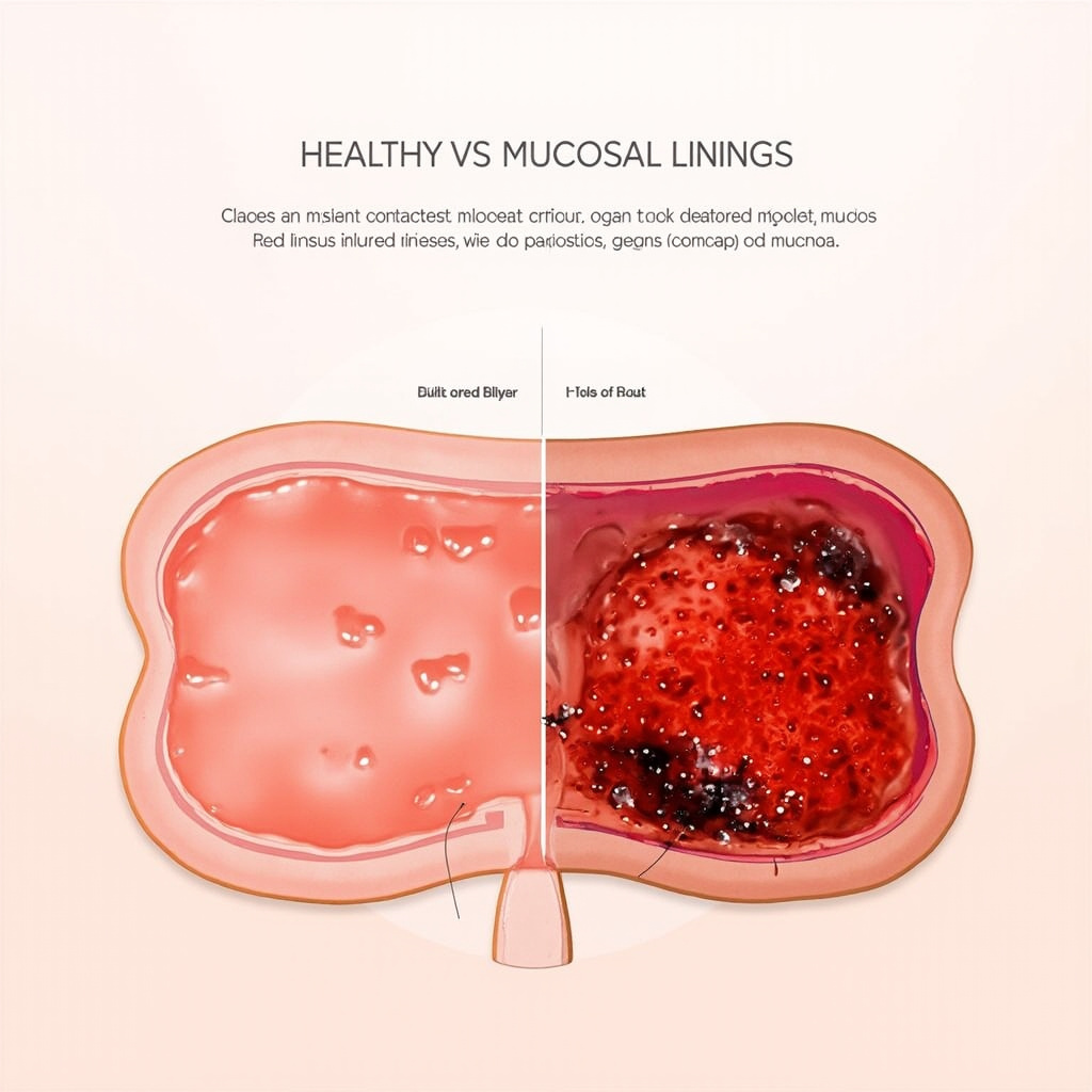 Illustration of healthy pink moist mucosal linings in human gut and lungs with protective mucus trapping germs, contrasted with damaged red inflamed mucosae leaking pathogens, simple anatomical style.