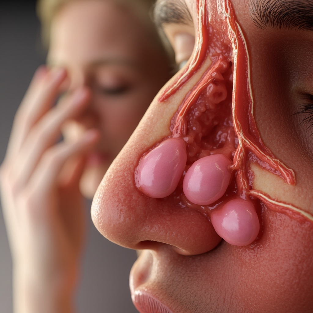Realistic medical illustration of inflamed nasal passages with pink nasal polyps blocking airflow, mucus buildup, a person holding their congested nose, soft lighting to show relief potential