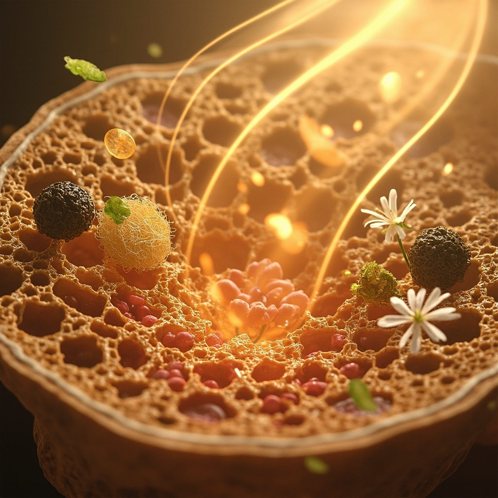 Illustration of vibrant bone marrow cells regenerating inside a human bone, surrounded by glowing traditional Chinese herbs like astragalus roots, dong quai flowers, and rehmannia leaves, with soft waves of harmonious energy flowing through, in calming earth tones.