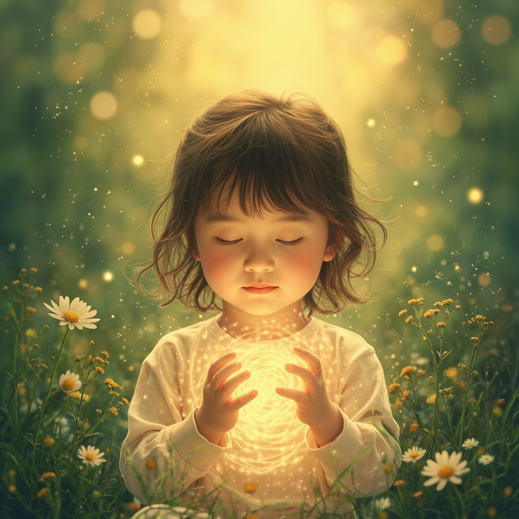 A gentle, artistic illustration of a young child breathing deeply in a peaceful, natural environment, with soft, glowing light patterns representing harmony and balance in the chest area.