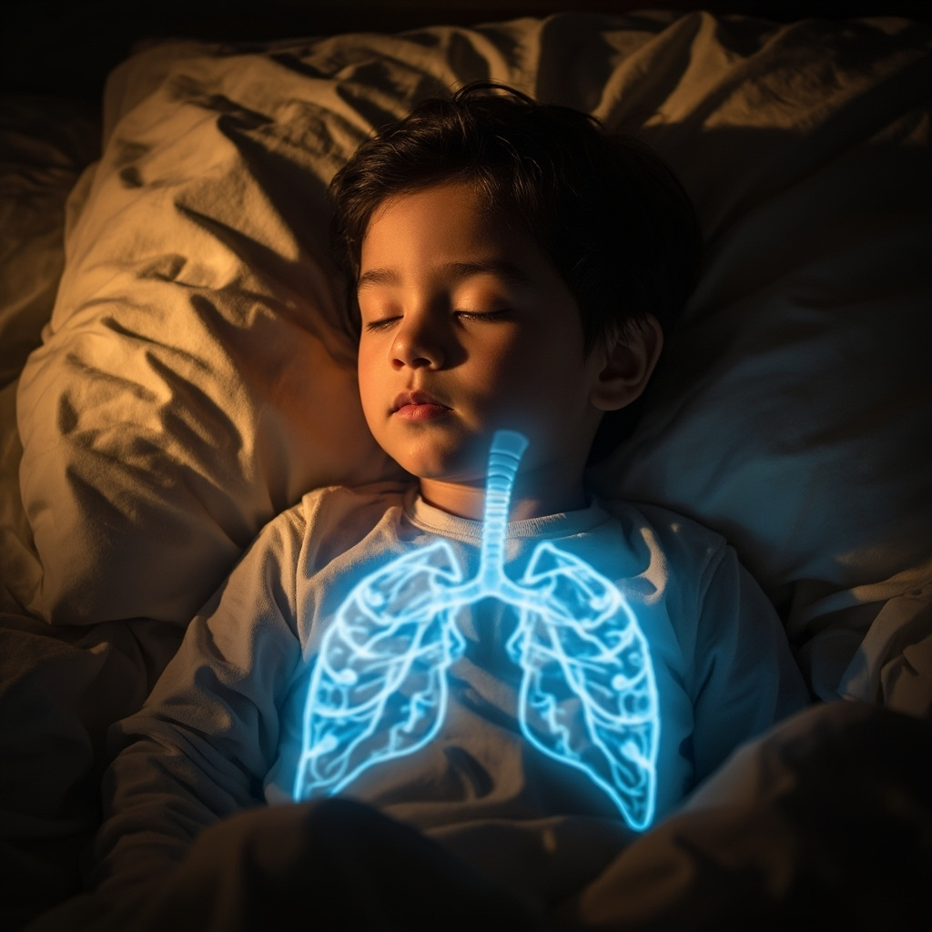 Illustration of a calm child sleeping peacefully at night in a cozy bedroom, soft glowing blue waves representing healing sound frequencies flowing through healthy lungs, warm lighting, serene expression on face.