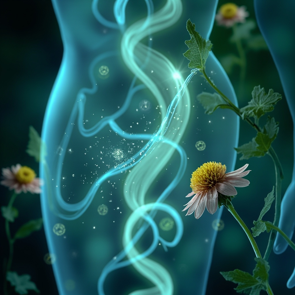 Serene digital illustration of glowing lymphatic vessels weaving through the human body, clear lymph fluid flowing smoothly with immune cells, soft herbal accents like echinacea flowers and dandelion leaves, calming blue-green palette, high resolution.