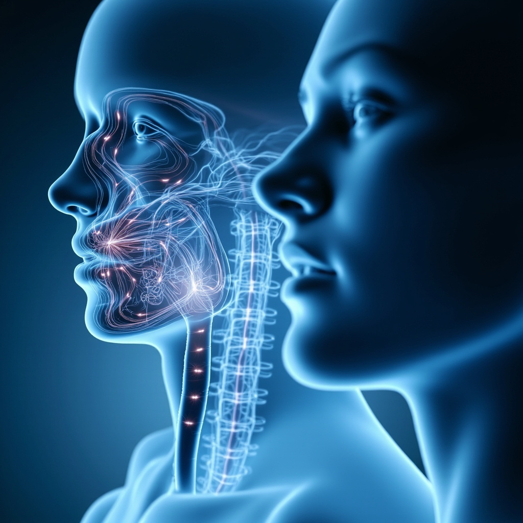 Illustration of human respiratory system with bacteria adhering to mucus membranes in lungs and sinuses, a subtle glow of energy frequencies balancing it, person in background breathing calmly without anxiety, medical blue tones.