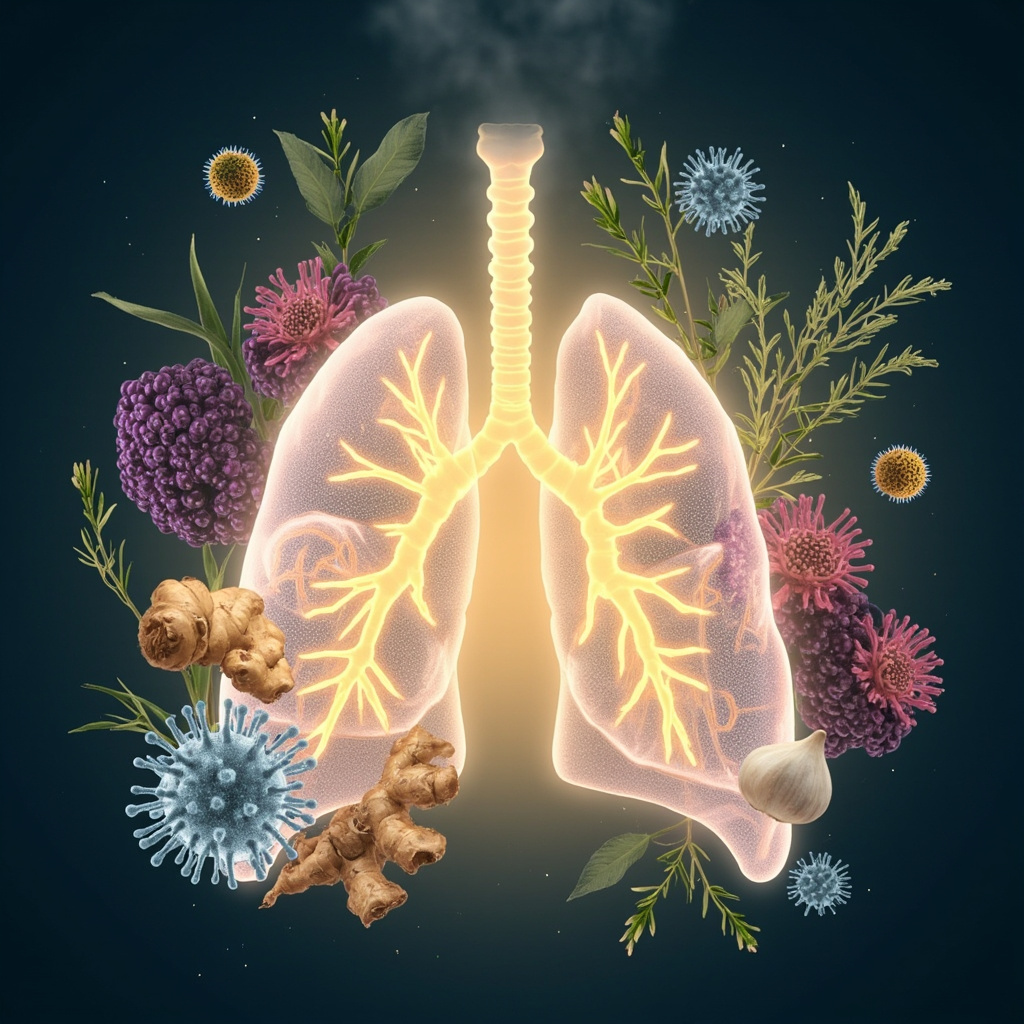 A serene illustration of a human respiratory system glowing with health, surrounded by protective herbal elements like elderberry clusters, echinacea flowers, garlic bulbs, ginger roots, and thyme sprigs, warding off stylized rhinovirus particles in soft blue tones.