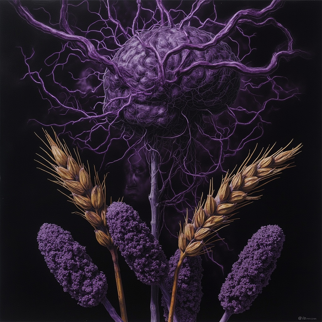 Scientific illustration of purple ergot sclerotia on rye grains, overlaid with erratic brain neurons and subtle fear symbols like shadowy figures, in a dark moody style for anxiety theme.