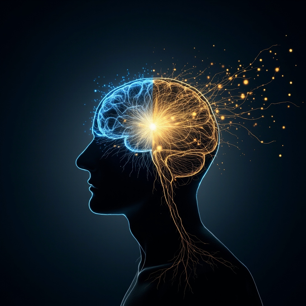 Illustration of a human silhouette with glowing brain and heart connected by luminous neural pathways in blue and gold tones, evoking balance, clarity, and serene energy flow
