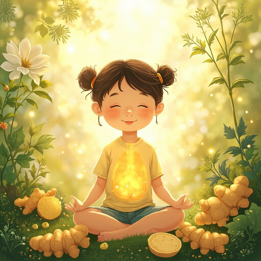 Serene illustration of a smiling child taking a deep breath in a sunny garden, with soft glows at lung, nose, and belly areas suggesting energy flow, surrounded by fresh astragalus roots, ginger, and licorice plants in pastel greens and earth tones.
