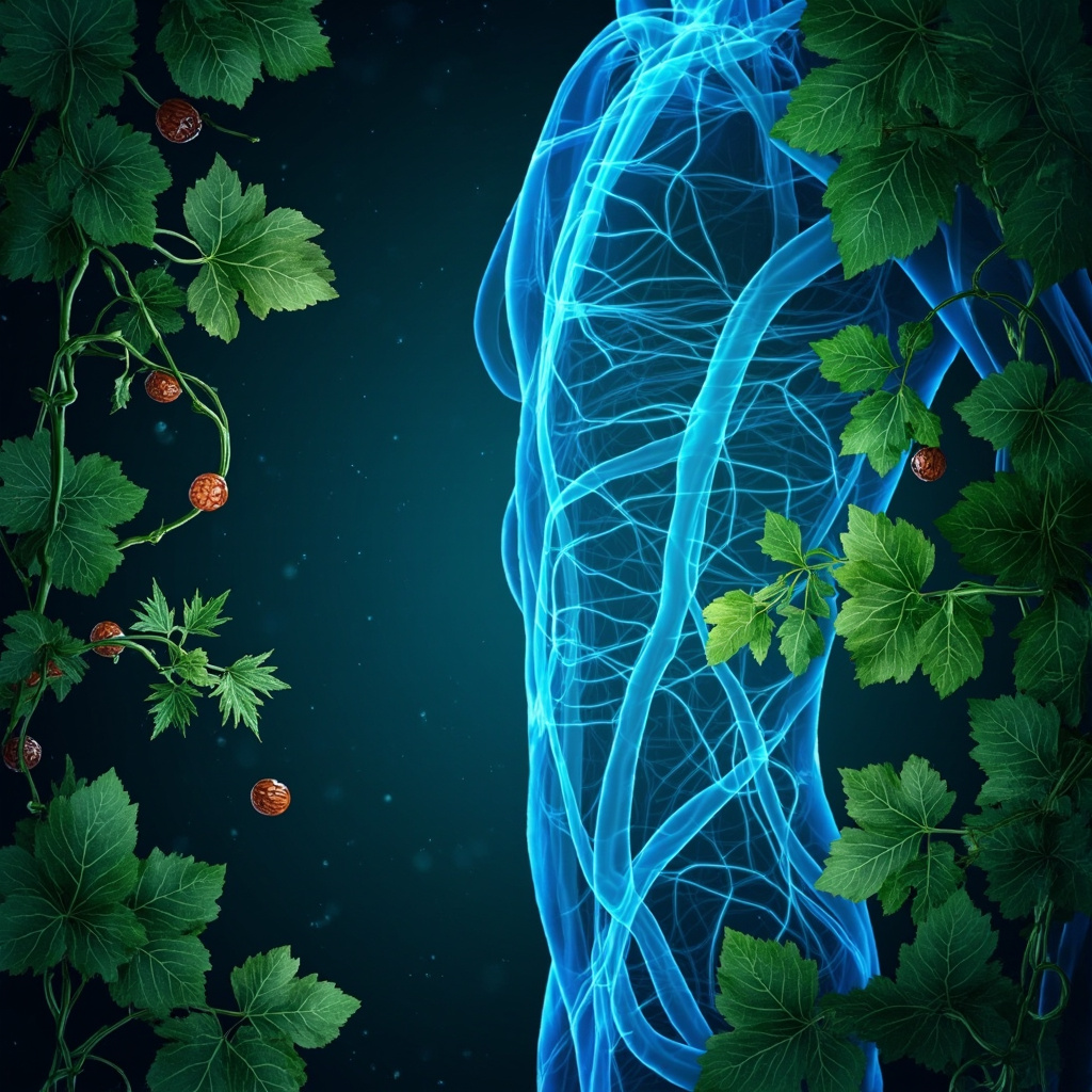 Serene digital illustration of the human right-side veins glowing softly in blue, carrying blood flow upward, surrounded by fresh herbs like horse chestnut seeds, grape vines, and gotu kola leaves in green tones, evoking balance and vitality.