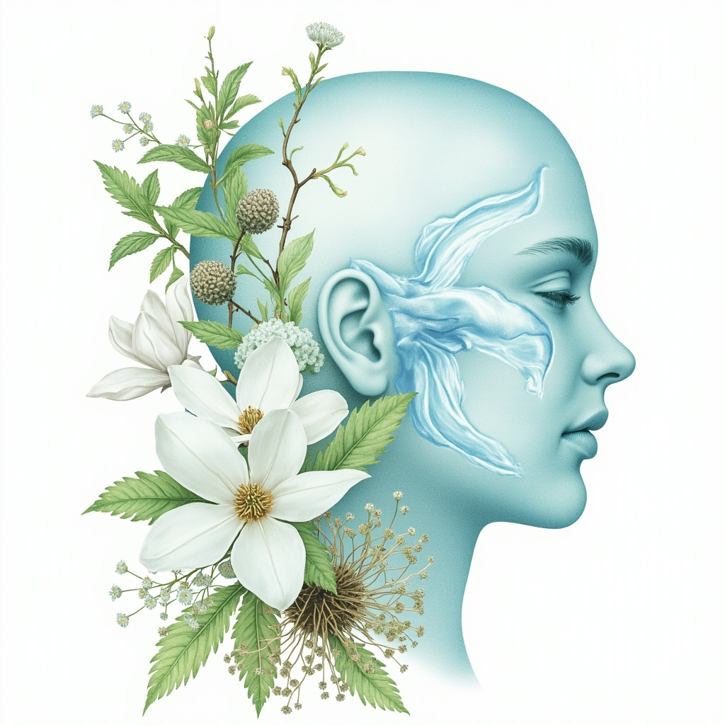 Serene illustration of a human head profile with glowing clear sinuses, surrounded by magnolia flowers, cocklebur fruits, angelica roots, and mint leaves in soft green and blue tones, evoking relief and natural healing.