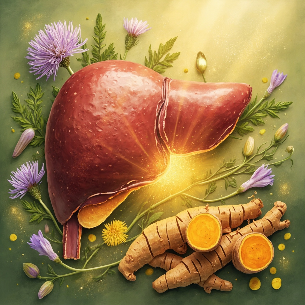 A gentle illustration of a healthy human liver with glowing bile ducts, surrounded by fresh milk thistle flowers, dandelion roots, and turmeric roots in soft green and gold tones, evoking healing and natural detox.