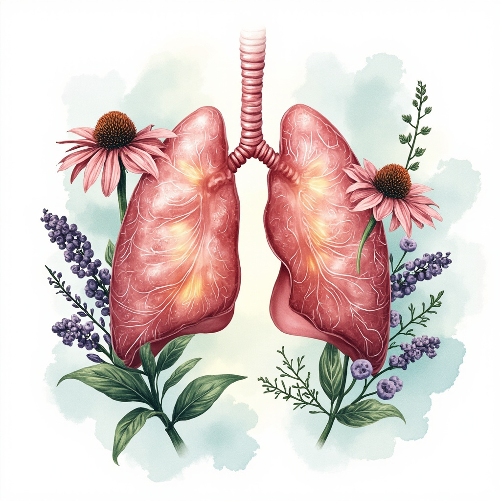 Serene illustration of vibrant lungs breathing freely, surrounded by healing herbs like echinacea flowers, elderberry clusters, mullein leaves, and thyme sprigs, in soft green and blue tones evoking calm recovery and natural vitality.