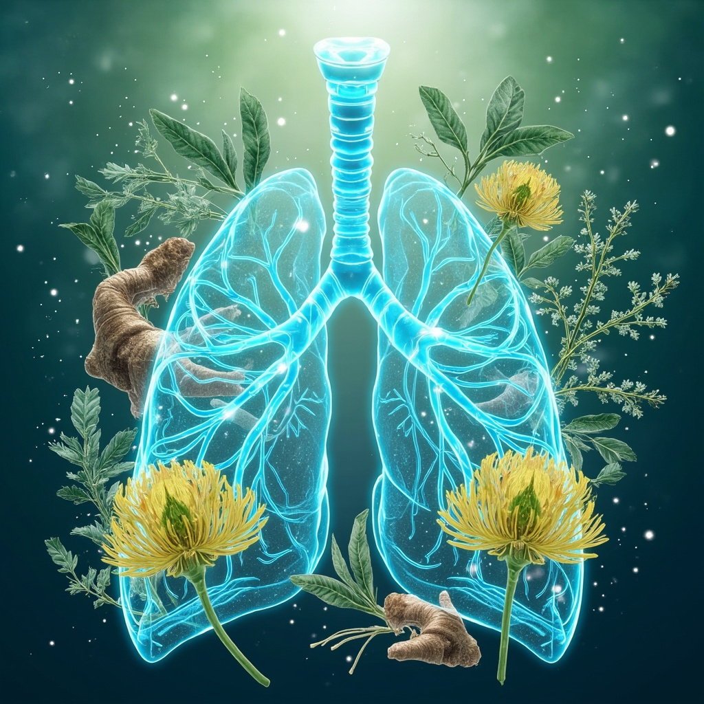 Vibrant illustration of healthy human bronchi branching into lungs, surrounded by healing herbs like licorice root, eucalyptus leaves, thyme sprigs, and mullein flowers, in soft green and blue tones evoking breath and vitality.