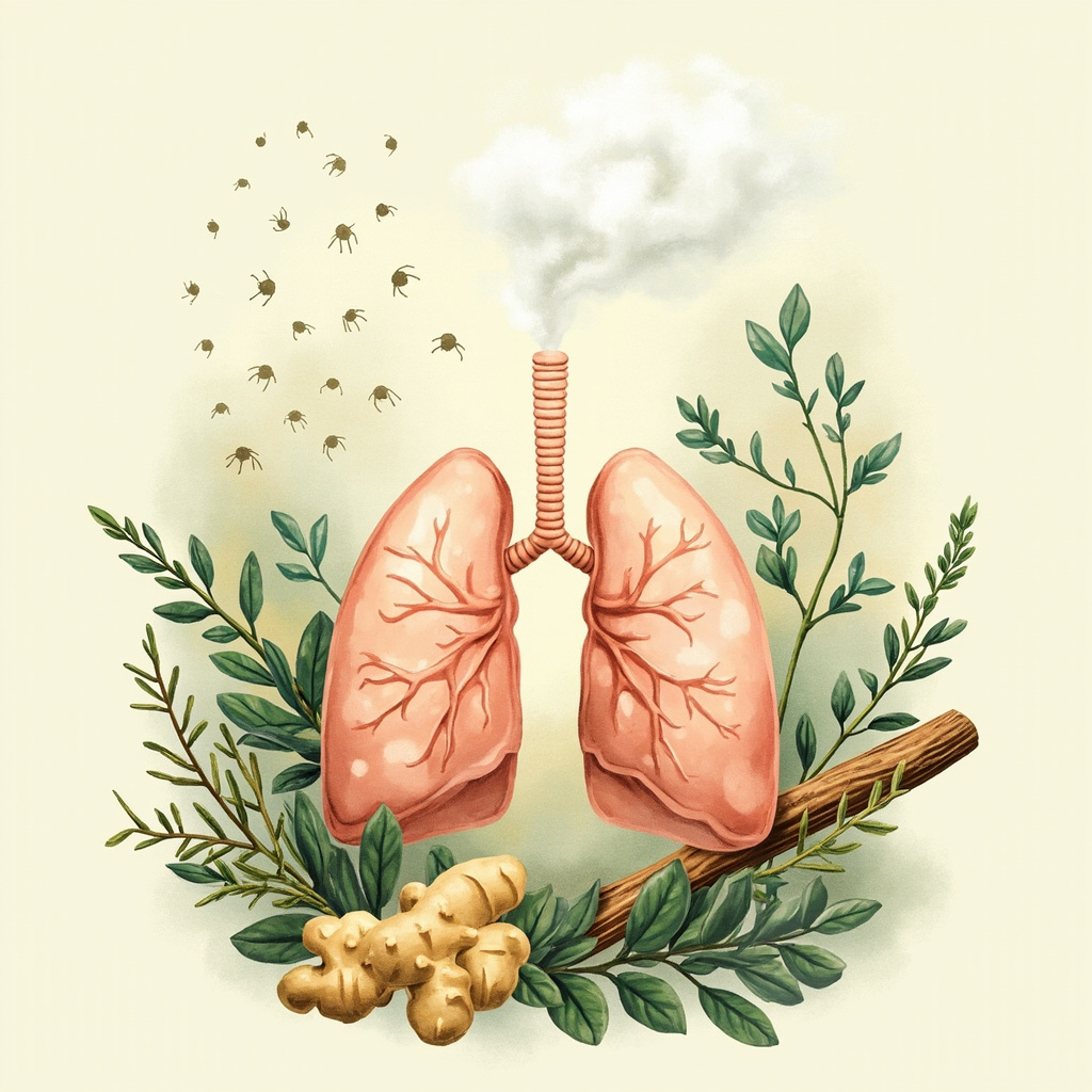 Serene illustration of healthy lungs exhaling gently, surrounded by fresh ginger root, licorice, thyme sprigs, and fading dust mite specks, in calming green and earth tones.