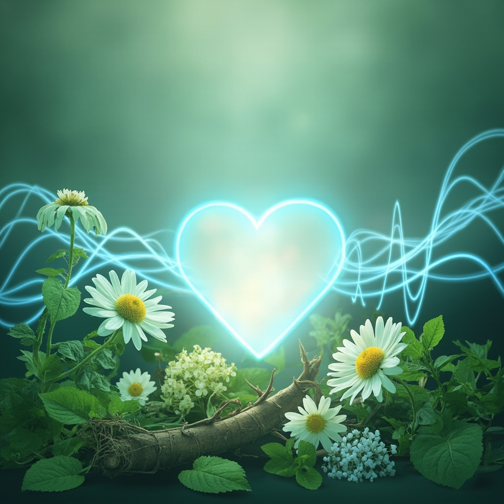 Serene illustration of a glowing heart with subtle blue VHF frequency waves emanating, surrounded by calming herbs like chamomile flowers, valerian roots, and lemon balm leaves in soft green tones, evoking peace and nervous system balance.