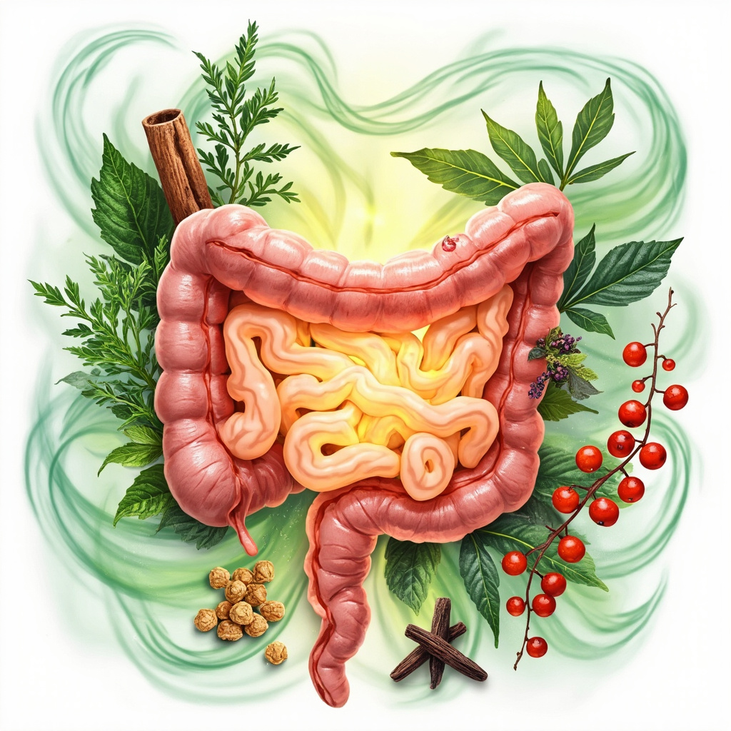 Vibrant illustration of a healthy glowing intestine surrounded by fresh oregano leaves, cinnamon sticks, cloves, and barberry branches, with soft green healing waves balancing the gut