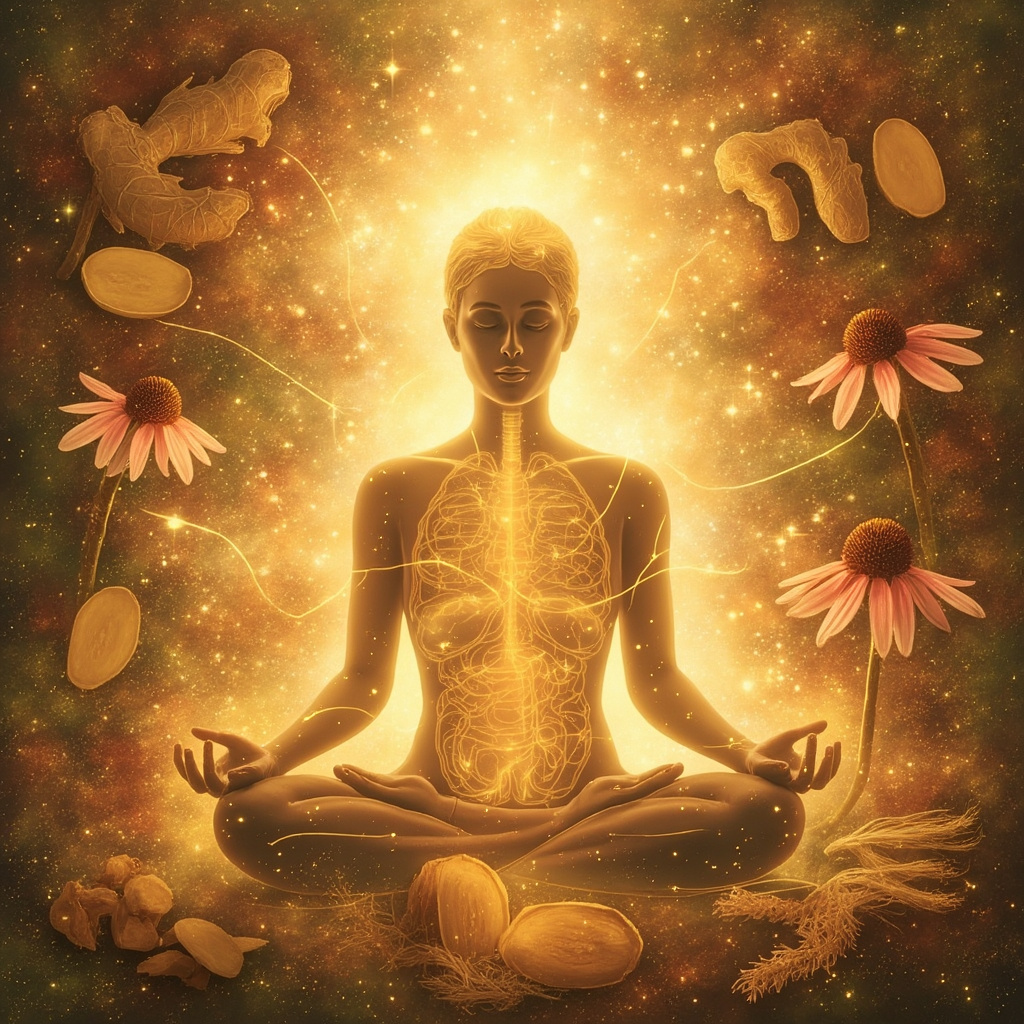 Calm illustration of astragalus roots, ginger slices, and echinacea flowers surrounding a softly glowing human figure with energy lines connecting spleen, gut, and immune points, in earthy tones evoking renewal and vitality.