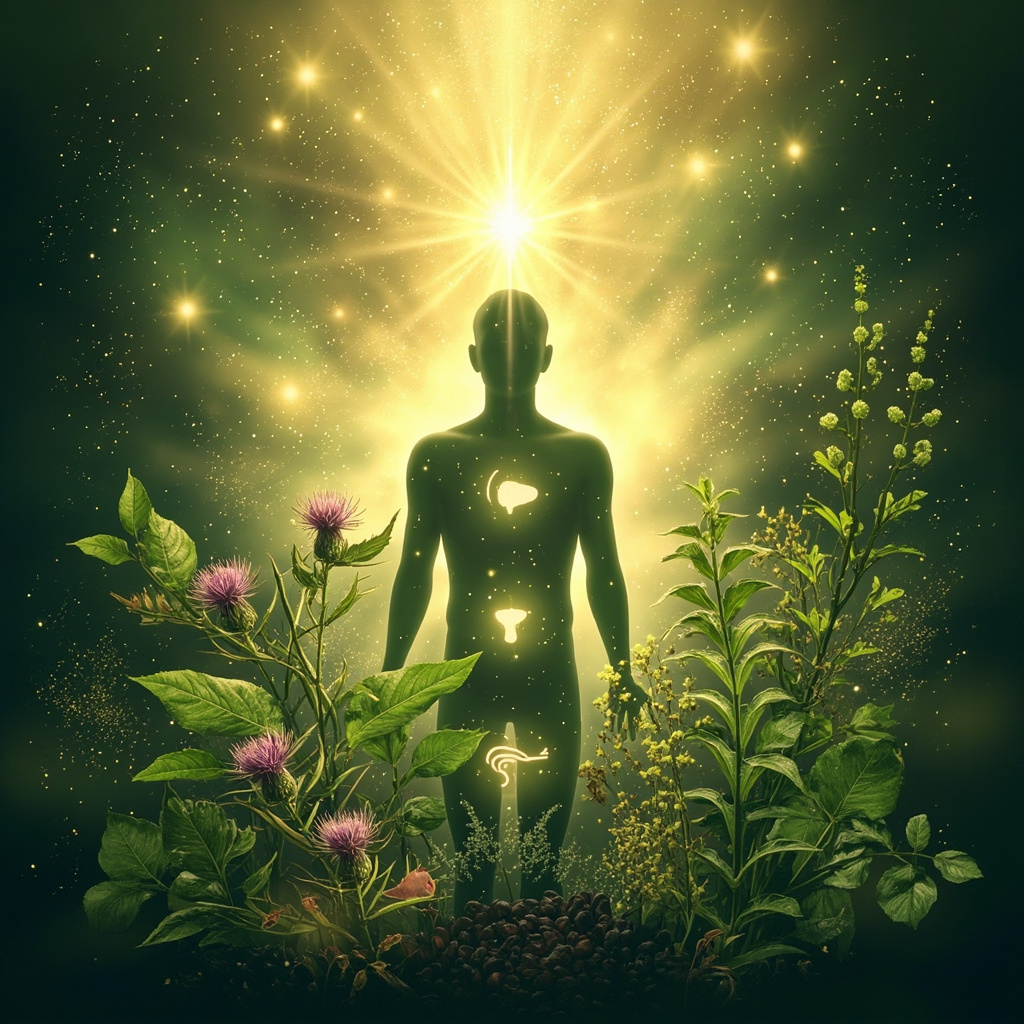 Serene illustration of green herbal plants like milk thistle, moringa, and black cumin surrounding a glowing human silhouette with healthy gut and liver icons, soft natural light, healing energy vibes.