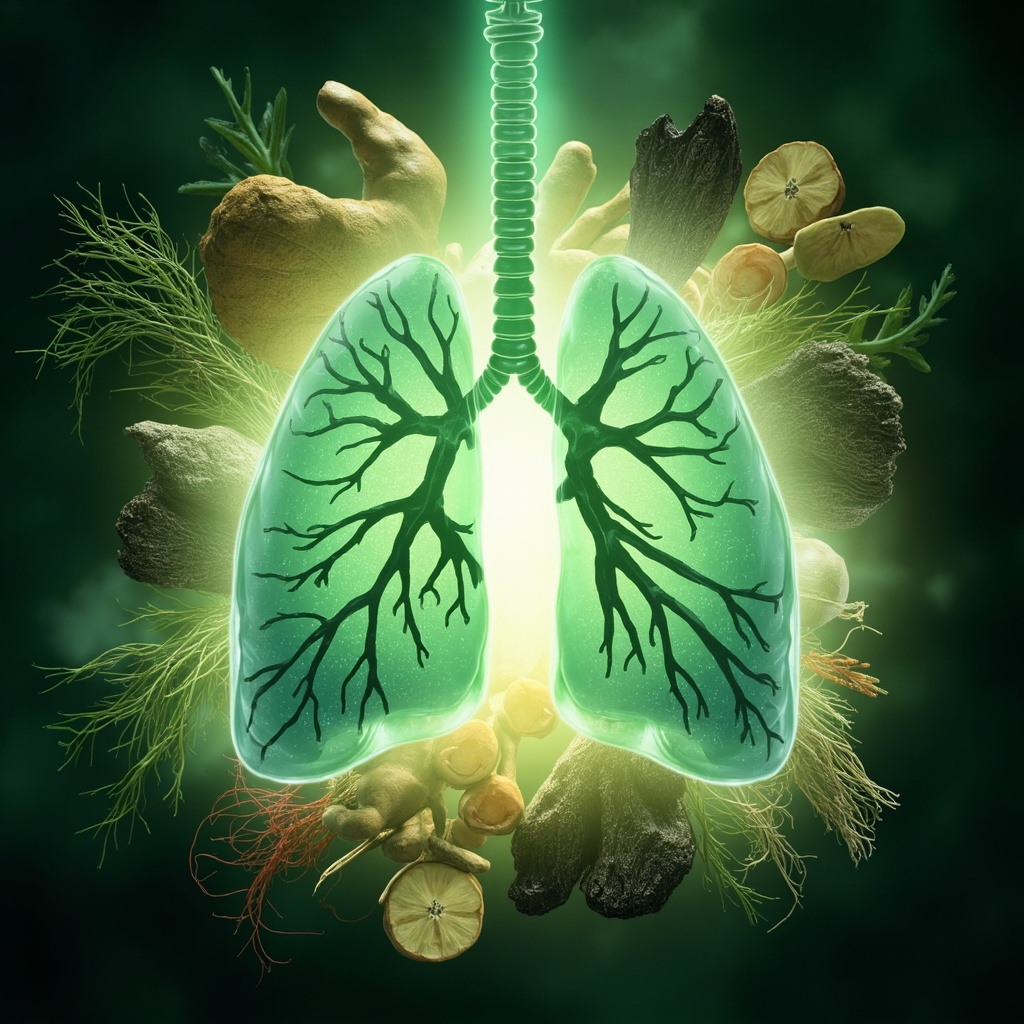 Vibrant illustration of fresh astragalus roots, ginseng plants, and reishi mushrooms arranged around a glowing human silhouette radiating energy waves, with soft green background symbolizing immunity and vitality renewal.