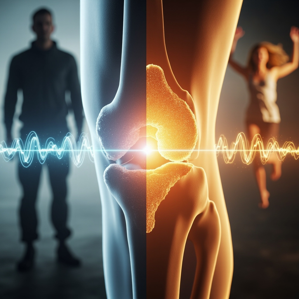 Illustration of a human knee joint showing healthy flexible cartilage cushioning bones versus damaged frayed cartilage causing pain, with subtle glowing frequency waves repairing it, and background split: rigid stiff figure on left, flexible joyful person on right symbolizing emotional balance