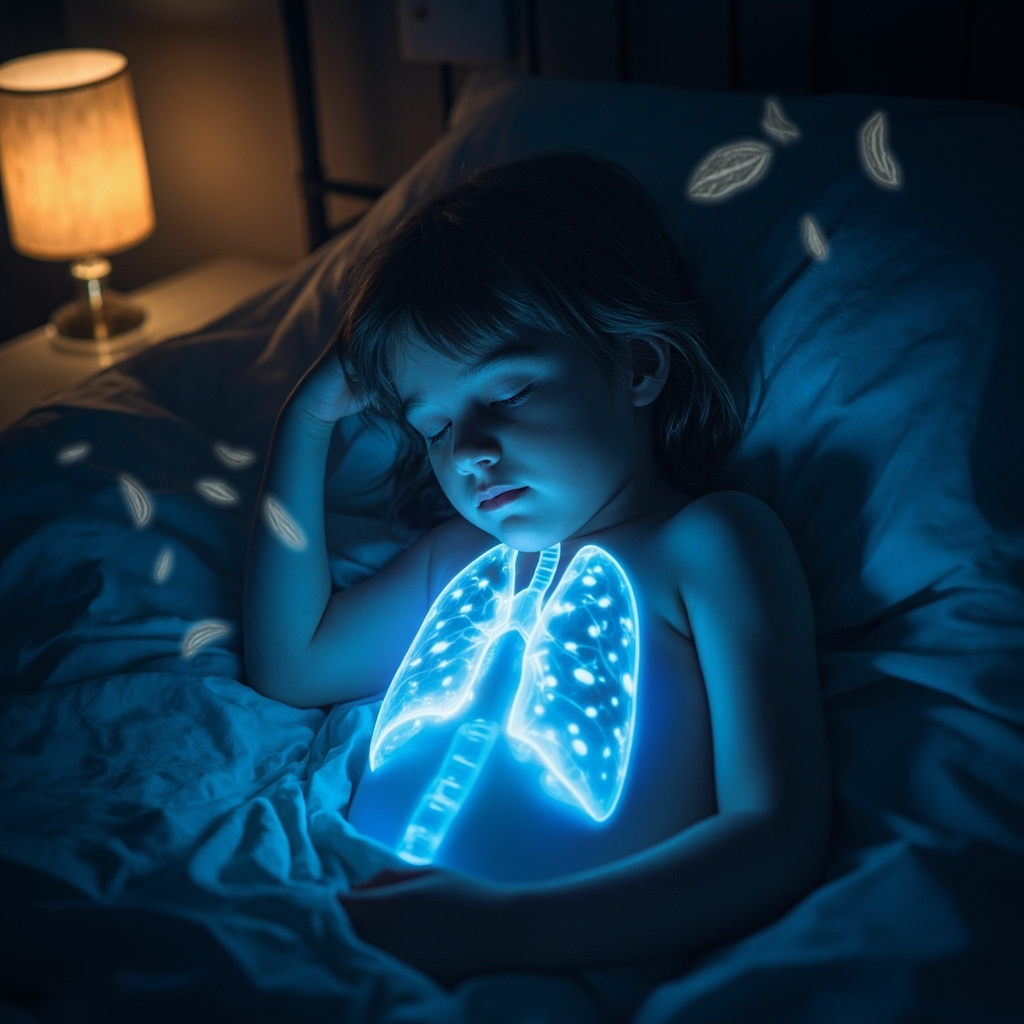 Illustration of a peaceful sleeping child with glowing soft blue waves around the chest and lungs symbolizing harmonious healing frequencies, surrounded by subtle herbal leaves like ginger and licorice, warm bedroom at night, serene and hopeful atmosphere.