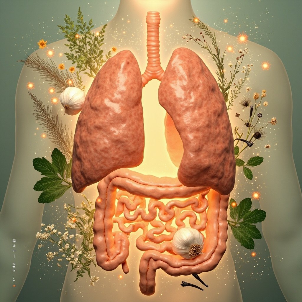 Serene illustration of human intestines and lungs with glowing herbal elements like garlic, wormwood, cloves, and green leaves enveloping them softly, in calming earth tones, symbolizing natural healing and balance from parasitic stress.