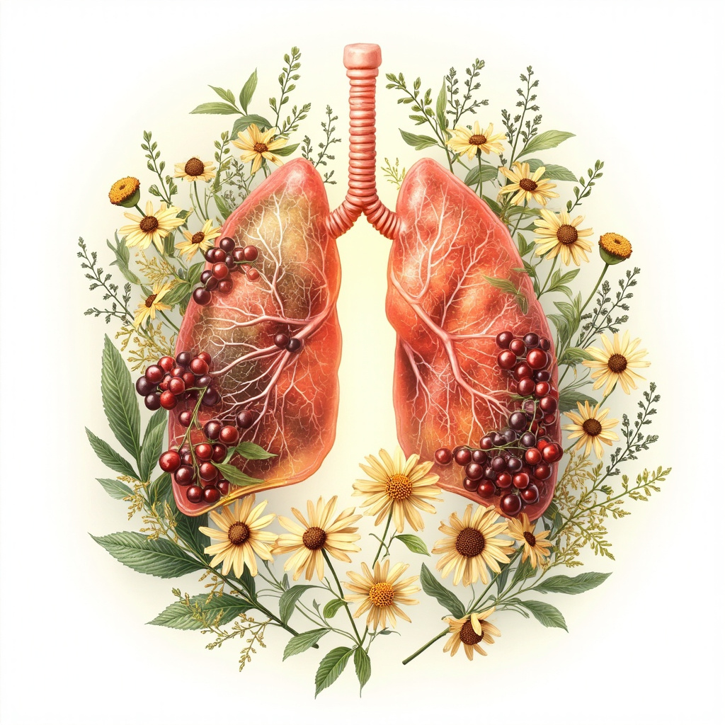 Serene illustration of a young child breathing deeply in a sunlit herbal garden, surrounded by ginger roots, turmeric flowers, licorice plants, and ephedra branches, with soft glowing light emanating from the chest and lungs symbolizing balanced respiratory health and vitality.