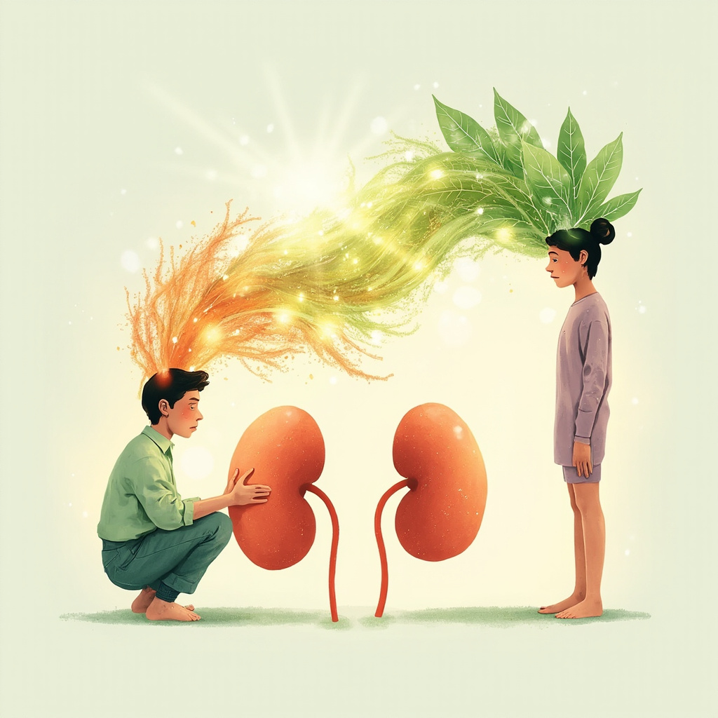 Soft illustration of adrenal glands above kidneys glowing with stress waves turning to calm green herbal leaves, tired person transforming to energetic, in pastel tones for health blog.
