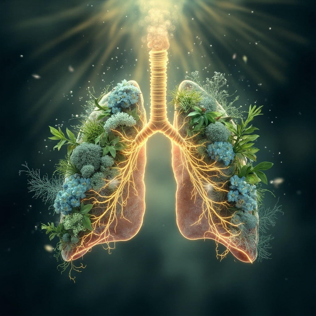 A serene illustration of glowing human lungs intertwined with delicate Arcyria slime mold structures transforming into fresh herbal leaves of licorice root, eucalyptus, and mullein, with soft energy waves symbolizing respiratory harmony and healing.