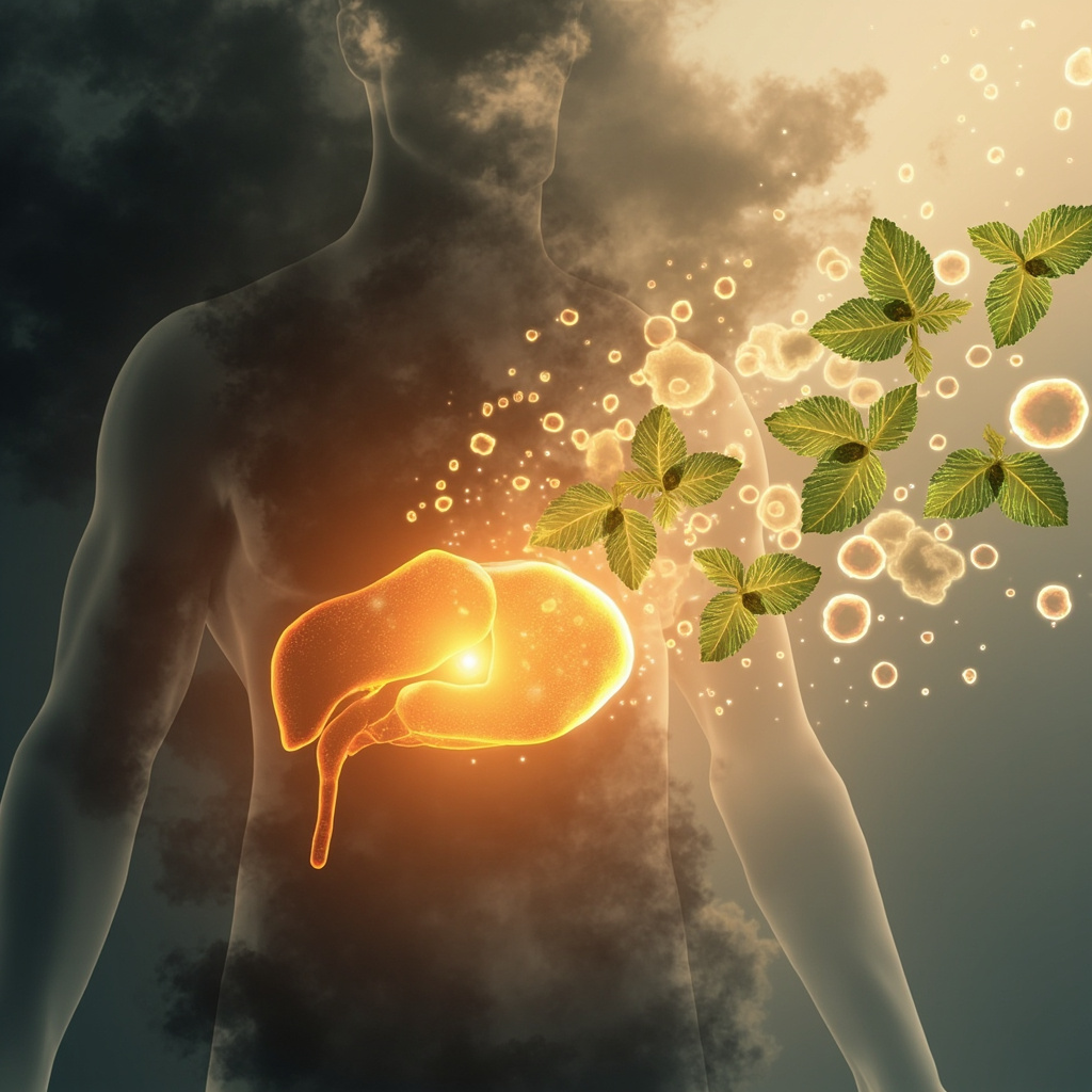 Soft illustration of a glowing human spleen in the upper left abdomen, surrounded by fading dark worry clouds transforming into calm green herbal leaves and immune white blood cells, warm energy waves resonating, professional medical art style.
