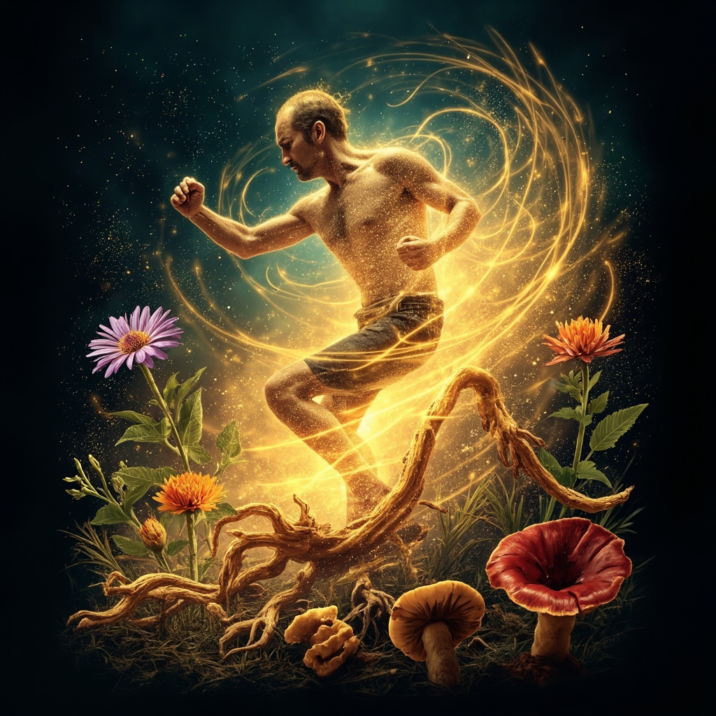 Vibrant illustration of a fatigued person transforming into an energetic figure, surrounded by glowing herbs like ashwagandha roots, echinacea flowers, ginseng plants, and reishi mushrooms, with soft energy waves representing boosted immunity and vitality.