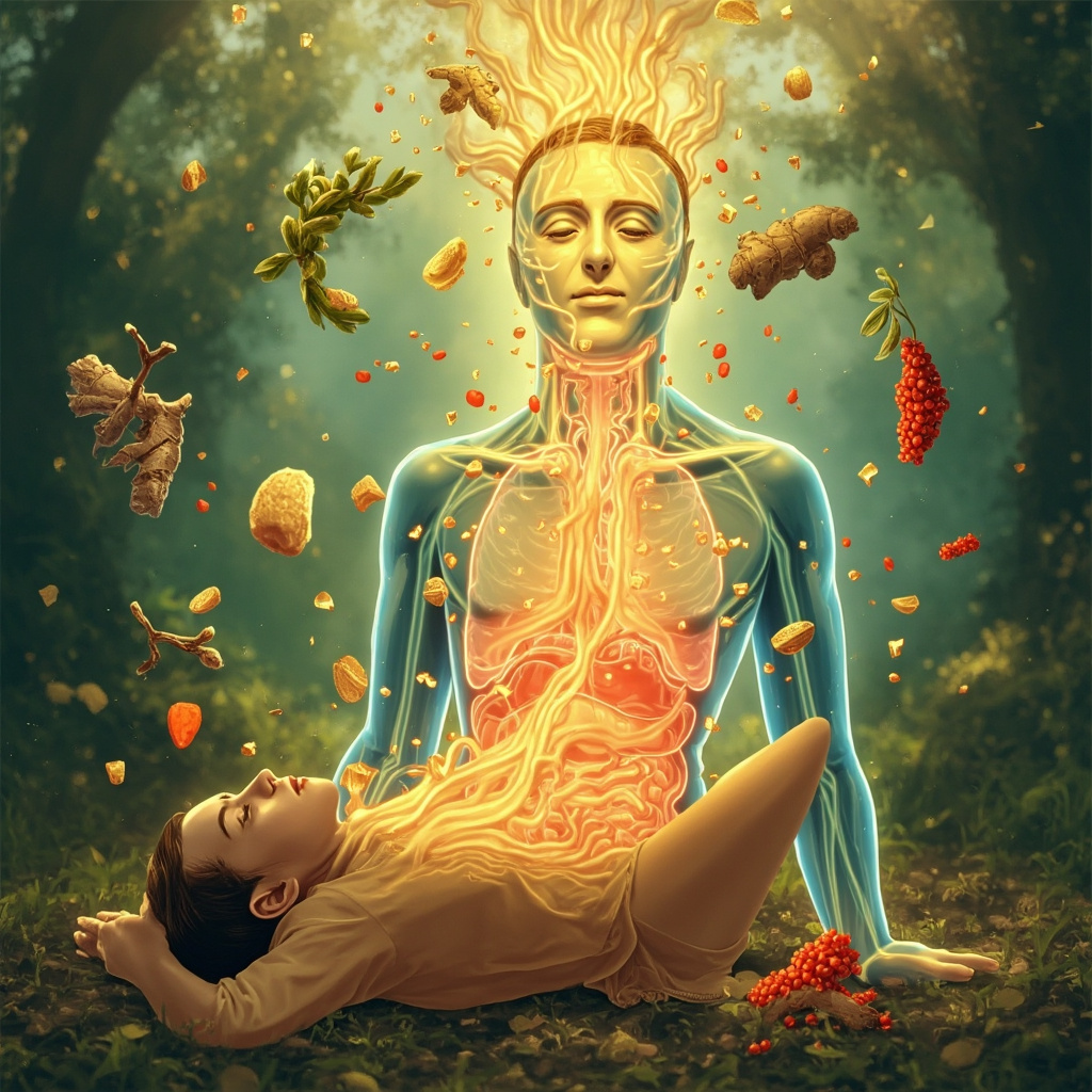 Illustration of a weary person transforming into vibrant energy, with glowing icons of lungs, spleen, stomach, and kidneys, surrounded by fresh herbs like astragalus root, ginger, codonopsis, and goji berries on a serene natural background.