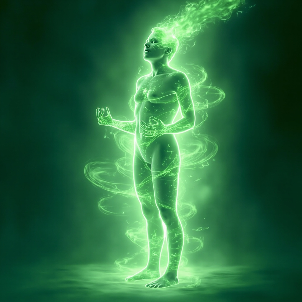 Illustration of a weary person transforming into vibrant energy, with subtle glowing waves over head, abdomen, and heart, in calming green herbal tones, symbolizing immune boost and fatigue relief.